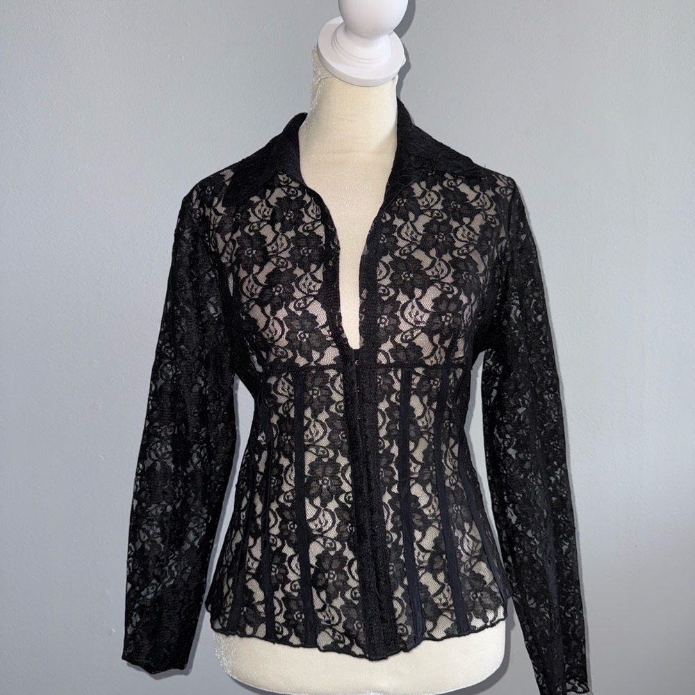 Rue 21 Black Sheer Lace Button-Up Blouse w Corset Details